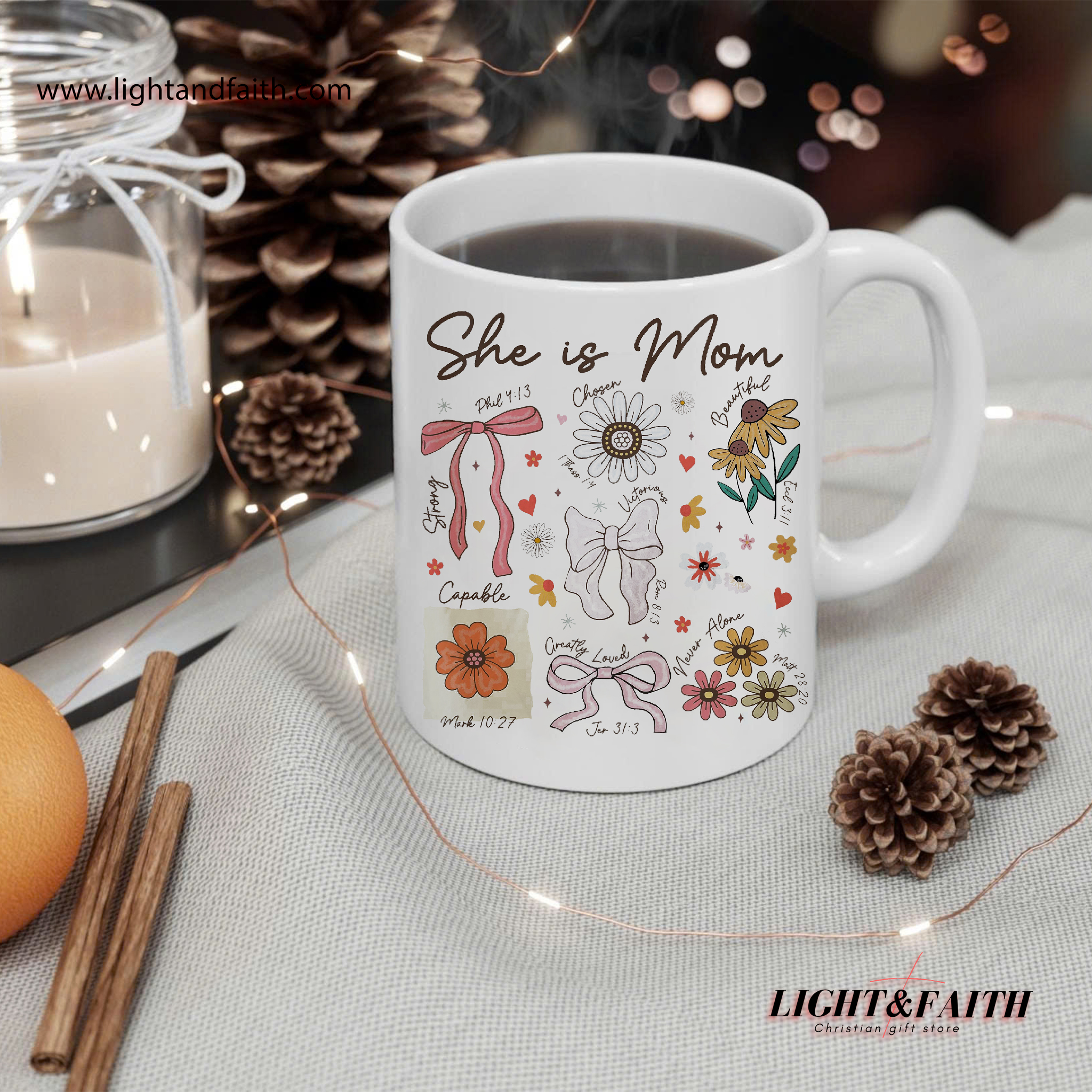 Christian Mom Mug with Bible Verses, She Is Mom Scripture Mug, Faith-Inspired Mother's Day Gift, Floral Bow Mug for Religious Moms MULAF67